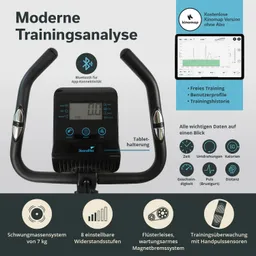 Das Bild zeigt ein Display einer Trainingsmaschine mit verschiedenen Funktionen und Informationen. Es sind Daten wie Geschwindigkeit, Zeit, Kalorien und Puls angezeigt.
