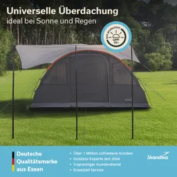Zelt mit grauem und orangefarbenem Stoff auf einer Wiese, mit Sonnenschutzdach und textlichen Informationen.