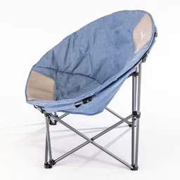 Runder, gepolsterter Campingstuhl in Blau mit grauen Einsätzen und einem stabilen Metallrahmen.