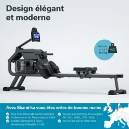 Rudergerät mit modernem Design, digitalem Display und transparentem Wasserbehälter. Gewicht: 29,5 kg.