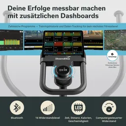 Fitnessgerät mit Bildschirm, der Trainingsdaten anzeigt. Details zu Programmen, Widerstandslevel und Funktionen sind sichtbar.