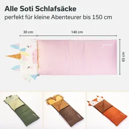 Schlafsäcke in verschiedenen Designs: Einhorn, Löwe und Fuchs, mit Größenangaben und geeignet für Kinder bis 150 cm.