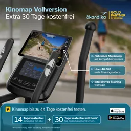 Bild eines Fitnessgeräts mit einem Bildschirm, der ein Laufvideo zeigt. Textinformationen über Kinomap, Skandika und Testzeitraum.