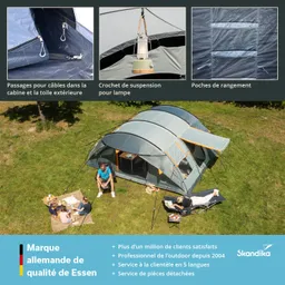 Zelt in einer grünen Wiese, mit Personen, die auf einer Decke sitzen. Details zu Zeltausstattung sind angeführt.