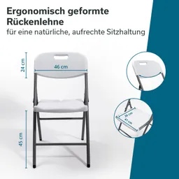 Klapptisch aus grauem Metall mit ergonomischer Rückenlehne. Maße: 24 cm Höhe Rückenlehne, 46 cm Breite, 45 cm Sitzhöhe.