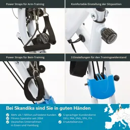 Das Bild zeigt eine Fitnessmaschine mit verschiedenen Anbauteilen. Oben links sind Power Straps für das Arm-Training, oben rechts eine Einstellung für die Sitzposition. Unten links sind Power Straps für das Bein-Training abgebildet.