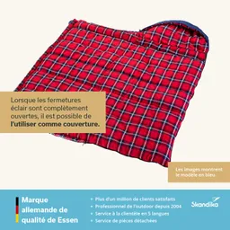 Rote Decke mit Karomuster und blauer Kante, teilweise geöffnet, auf beigem Hintergrund.