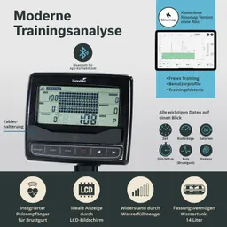 Trainingsgerät mit LCD-Display, Bluetooth-Konnektivität, Puls- und Widerstandsanzeige, Tablet-Halterung, technischen Details.
