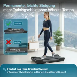 Eine Person läuft auf einem Laufband mit einer leichten Neigung. Im Hintergrund sind Fenster mit Bergblick zu sehen. Links stehen Informationen über Steigungsoptionen.