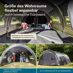 Zelt mit beweglicher Frontwand, zwei Personen beim Arbeiten im Innenraum, ein flexibler Einlegeboden, grüne Wiese im Hintergrund.