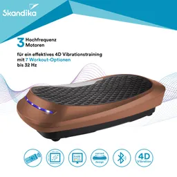 Vibrationsplatte in Braun mit rutschfester Oberfläche, Anzeige für Bluetooth und Trainingseinstellungen, 3 Motoren.