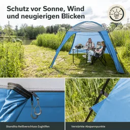 Zelt in blauer Farbe steht an einem Gewässer, zwei Personen sitzen an einem Tisch. Text und Details zur Ausstattung sind sichtbar.