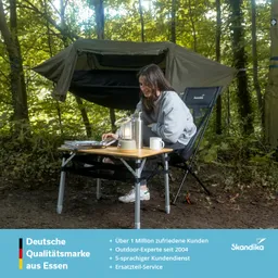 Person sitzt an einem Tisch in einem Wald, mit einem Laptop, einer Lampe und einer Tasse. Im Hintergrund steht ein Zelt.