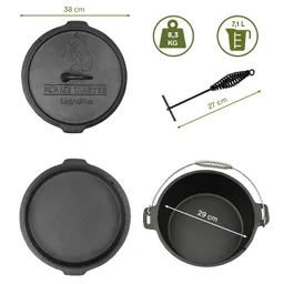 Gusseiserner Topf mit Deckel, Durchmesser 38 cm, Volumen 7,1 l, Gewicht 8,3 kg, mit einem Aufhänger und einer herausnehmbaren Tülle.