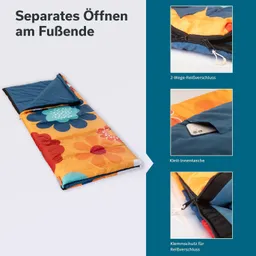 Schlafsack mit buntem Blumenmuster und blauen Akzenten, geöffnet am Fußende. Nebenansicht mit Innen- und Reißverschlussdetails.