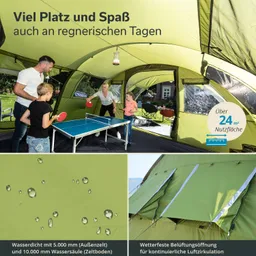 Großes Zelt mit vier Personen, die Tischtennis spielen. Oben Wasser- und Belüftungsdetails. Grün und hell gestaltet.