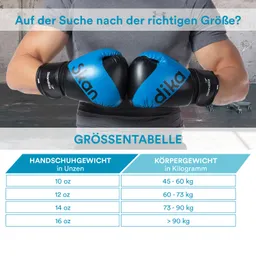 Zwei Boxhandschuhe in Blau und Schwarz werden in die Kamera gehalten. Hintergrund ist unscharf. Tabelle zeigt Größeninformationen.