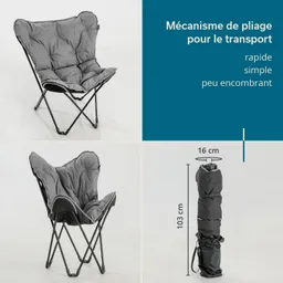 Faltstuhl in grau mit gepolsterter Sitzfläche, zusammengeklappt in einer vertikalen Position, Maße 103 cm Höhe, 16 cm Durchmesser.