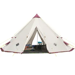 Zelt in Form eines Tipis mit weißem Stoff und lila Akzenten. Im Inneren sind Schlafsäcke und ein blauer Tisch sichtbar.