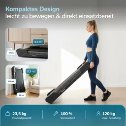 Eine Person trägt ein kompaktes Fitnessgerät. Informationen zum Design und den Maßen sind sichtbar.