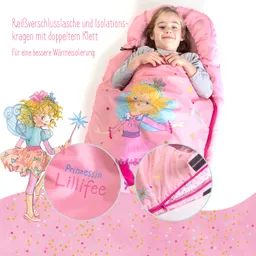 Schlafsack in Pink mit Princess Lillifee-Motiv und einem Kind, das lächelt. Umrandung mit Glitzer und dekorativen Details.