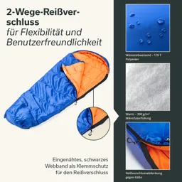 Schlafsack in Blau und Orange mit geöffnetem 2-Wege-Reißverschluss. Warme Mikrofaserfüllung und Details zu Materialien.