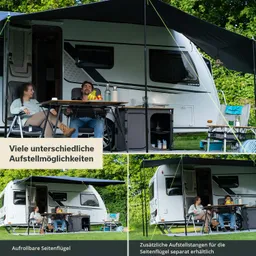 Ein Wohnwagen mit Markise steht im Freien. Zwei Personen sitzen an einem Tisch mit Obst und Getränken. Gartenstühle und eine Kühlbox sind ebenfalls sichtbar.
