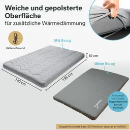 Matte und Bezug, mit Maße 140 cm x 195 cm, zusätzlich 10 cm hoch. Darstellung mit und ohne Bezug, Hinweis auf Kälteisolierung.