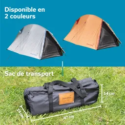 Zwei Zelte in Grau und Orange, daneben ein schwarzer Transportbeutel mit Maßangaben, auf grünem Gras platziert.
