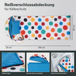 Bunte Schlafsackabdeckung mit roten, blauen, gelben und grünen Punkten. Maße: 190 cm x 80 cm. Abnehmbares Kopfteil, Kälteschutz.