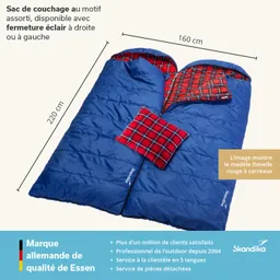 Blauer Schlafsack mit kariertem Innenfutter in Rot, Maßen 220 cm x 160 cm, inklusive kariertem Kissen.