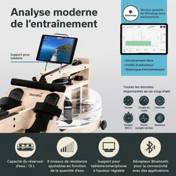 Wassertretgerät mit einem Tablet-Halter, Wasserreservoir, und Anzeige für Trainingsdaten. Textfelder zu Funktionen und Kapazität.