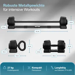 Robuste Hanteln und Gewichte in Schwarz, Maße und Produktmerkmale sind angegeben, darunter Gewicht und Materialien.