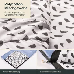 Polycotton-Mischgewebe mit schwarz-weißer Musterung und einem Reißverschluss. Detailansicht einer praktischen Fußöffnung.