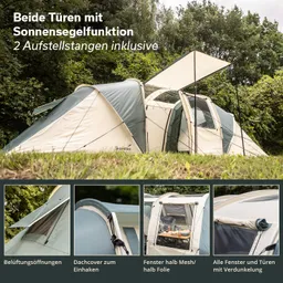Zelt mit Sonnensegel, zwei Türen, Belüftungsöffnungen und Fenster aus halbtransparentem Material. Verschiedene Details und Funktionen sind abgebildet.