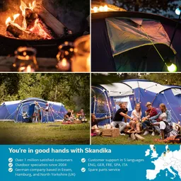 Lagerfeuer mit brennenden Holzscheiten, Zeltansicht, Gruppen von Menschen bei Aktivitäten, große Zelte im Freien.