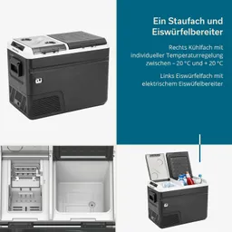 Kühlbox mit verschiedenen Fächern. Rechts für Kühlung mit Temperaturreglung, links für Eiswürfelbereiter.