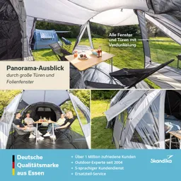 Ein großes Zelt mit mehreren Fenstern und Türen. Innen sitzen vier Personen an einem Tisch mit Snacks. Grüne Wiese im Hintergrund.
