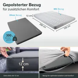 Matte mit gepolsterter Oberfläche, Abmessungen 200 x 150 cm, 12 cm dick, und Detailansicht vom Bezug.