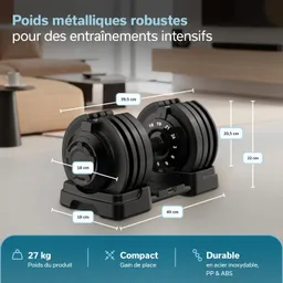 Verstellbare Hanteln auf einer Unterlage, mit Maßen und Ausstattung. Schlichtes Design in Schwarz. Wohnzimmer-Hintergrund.