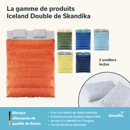 Diverse Schlafsäcke in verschiedenen Farben und Designs, darunter orange, grün und blau, angeordnet. Zwei Kissen sind ebenfalls abgebildet.