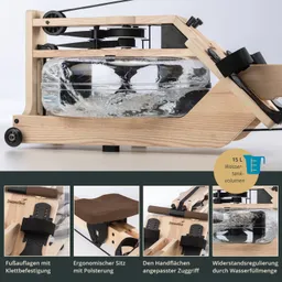 Rudergerät aus Holz mit Wasserbehälter, ergonomischem Sitz, Fußauflagen und Widerstandsregulierung. Wasserfüllung sichtbar.