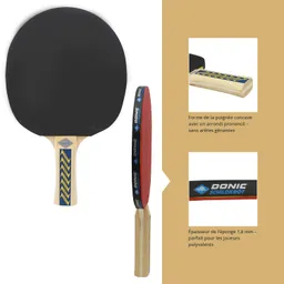Tischtennisschläger mit schwarzer und roter Belagseite sowie Holzgriff. Zusätzliche Informationen auf der Seite.