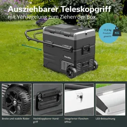 Graue Kühlbox mit ausziehbarem Teleskopgriff und großen Rädern auf Gras. Informationen über Funktionen sind abgebildet.