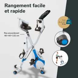 Faltbares Fitnessgerät mit Sitz, Pedalen und abnehmbarem Display in Weiß und Blau, umgeben von textlicher Beschreibung.