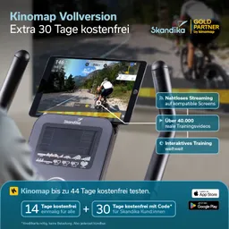 Tablet auf einem Fitnessgerät zeigt eine Trainingsoberfläche mit Landschaft und Radfahrern. Text über Angebote und Funktionen.