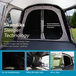 Zelt mit großer Schlafkabine und herausnehmbarer Trennwand, Bilder von Schlafmodi: dunkel und offen. Text zu Schlaftechnologie.