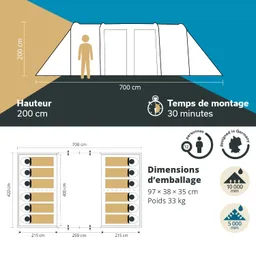 Zeltansicht mit Maßen: Höhe 200 cm, Breite 700 cm, Aufbauzeit 30 Minuten. Diagramm zeigt Platz für 12 Personen und Verpackungsmaße.