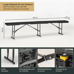 Lange faltbare Sitzbank in Schwarz mit stabilen Standfüßen, Abmessungen 180 cm x 23 cm x 43 cm, für verschiedene Gelegenheiten.