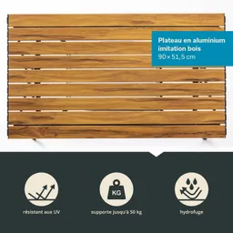 Aluminiumplatte in Holzoptik mit mehreren horizontalen Streifen, Maße 90 x 51,5 cm, in einem neutralen Hintergrund. Icons für UV-Beständigkeit, Tragfähigkeit bis 50 kg und Wasserabweisung.